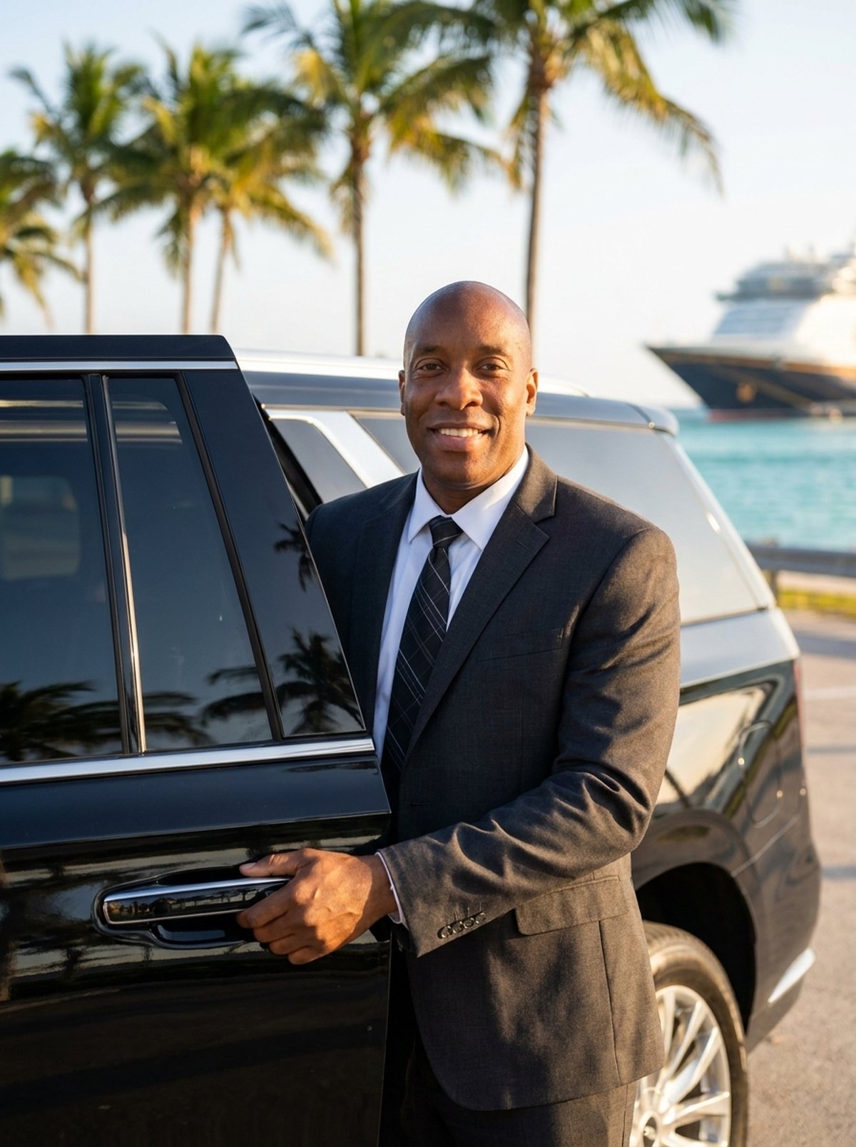 Chauffeur in a dark suit holding open the rear door of a black luxury SUV at a Florida cruise terminal