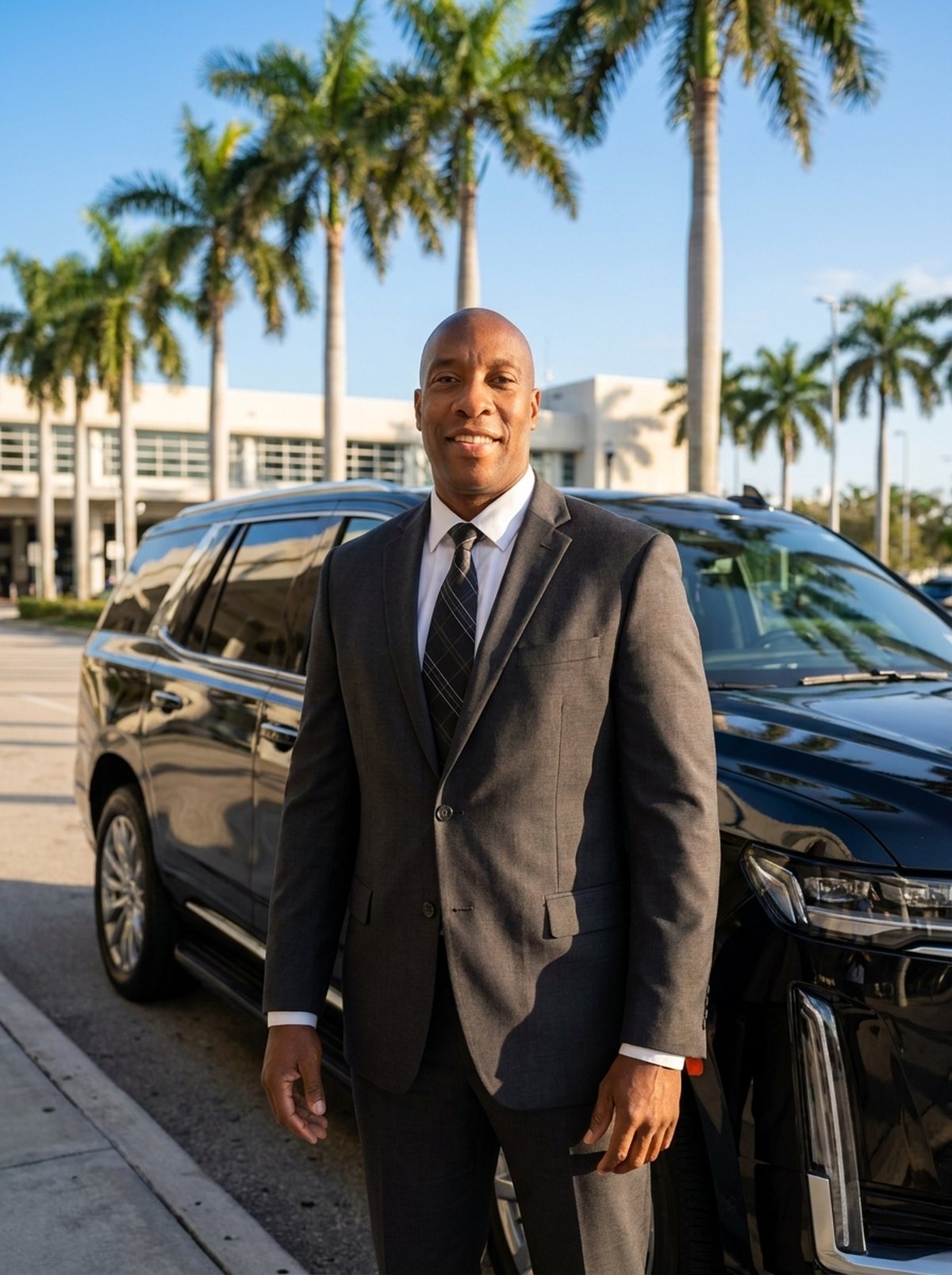 Chauffeur in a charcoal suit beside a black luxury SUV at a sunlit Florida airport terminal