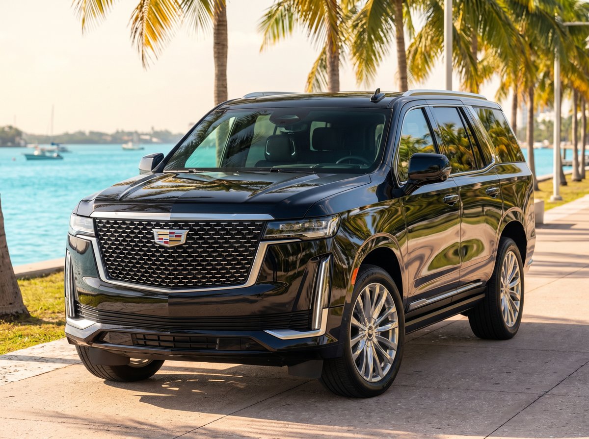 Black Cadillac Escalade on a palm-lined Miami waterfront drive