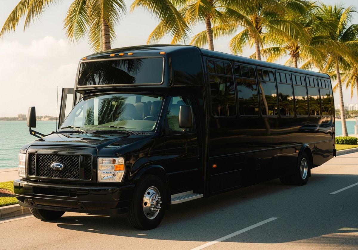 Black executive mini coach bus on a palm-lined Miami drive