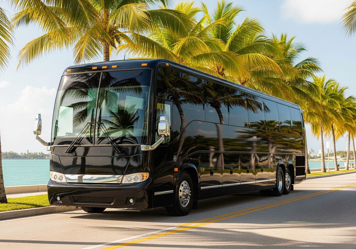 Black luxury motorcoach parked on a Florida waterfront drive