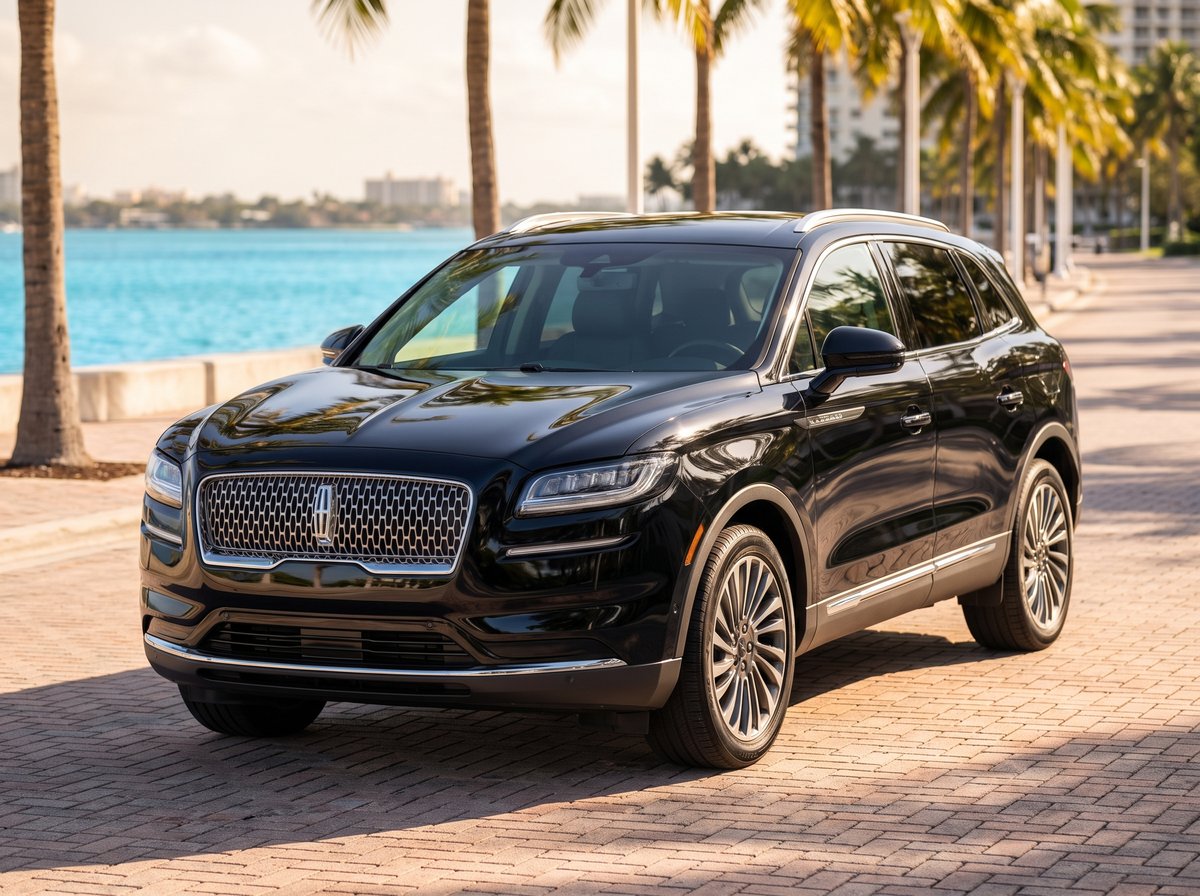 Black Lincoln Nautilus executive SUV on a palm-lined Miami waterfront drive