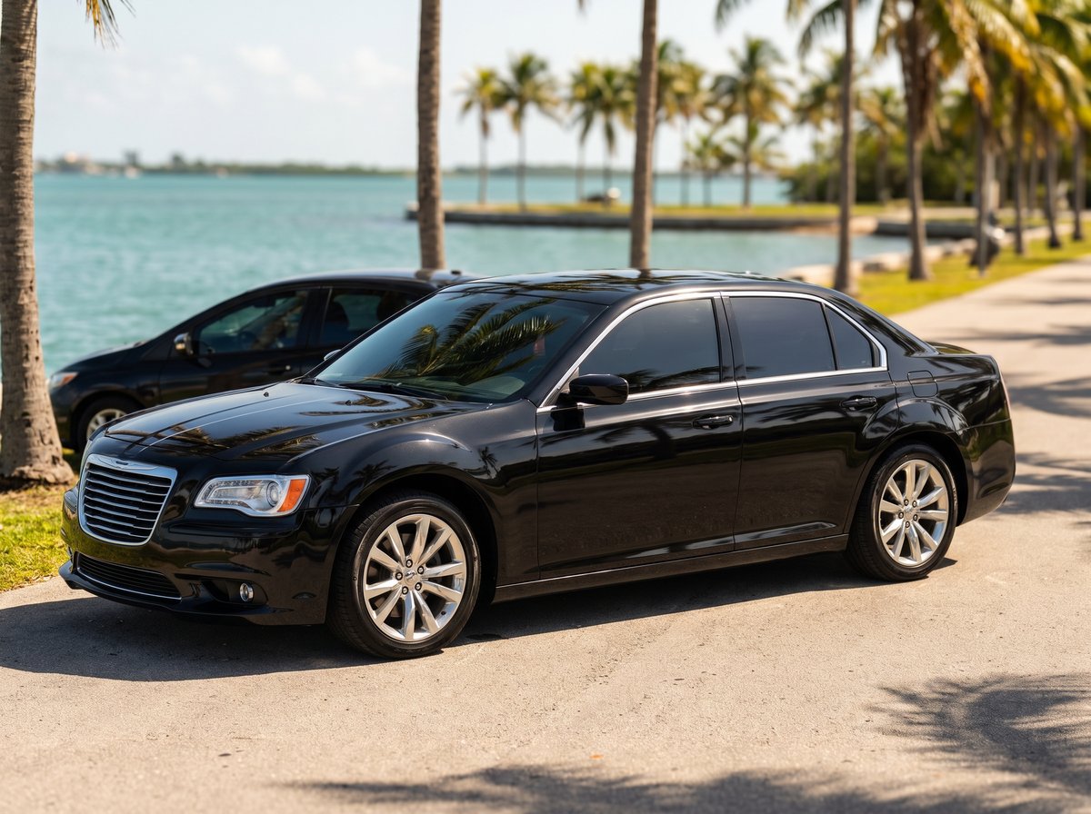 Black executive sedan on a palm-lined Miami waterfront drive