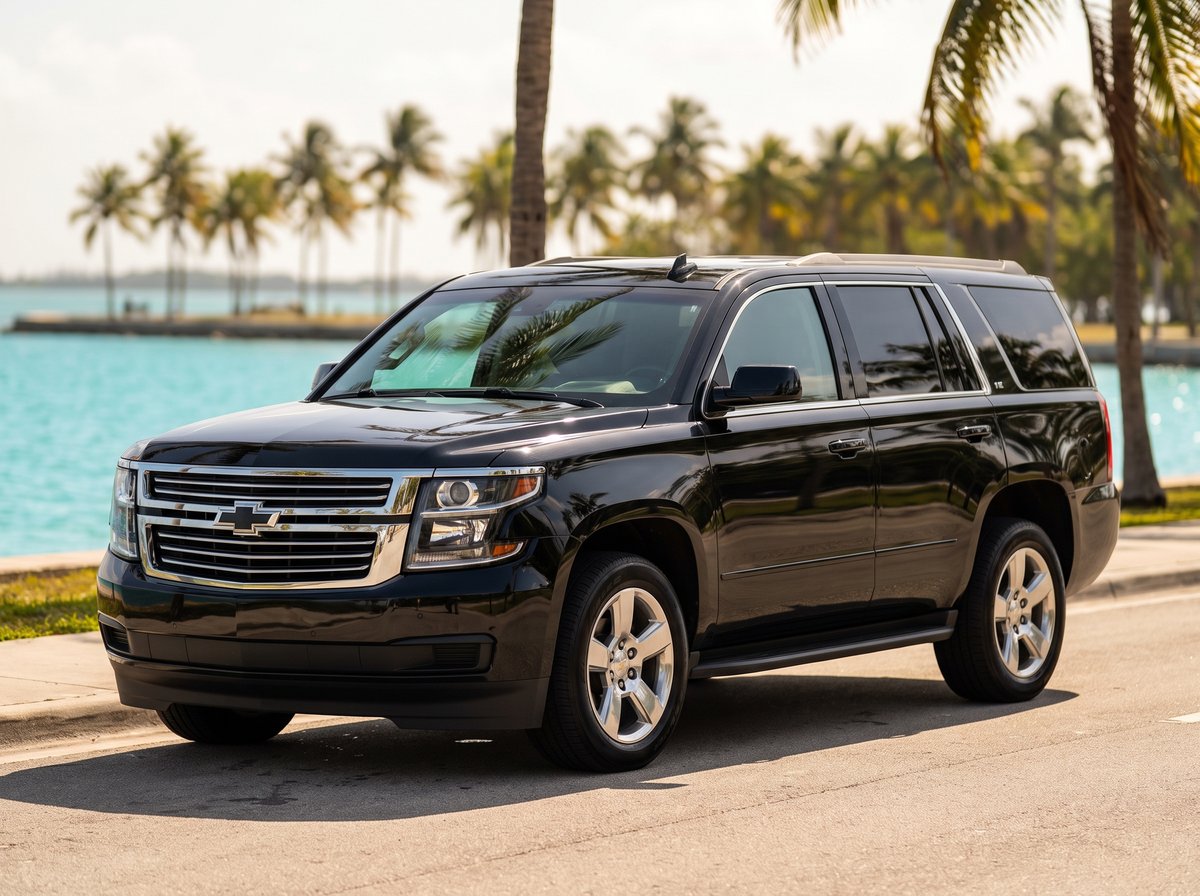 Black Chevrolet Tahoe full-size SUV on a Miami waterfront drive