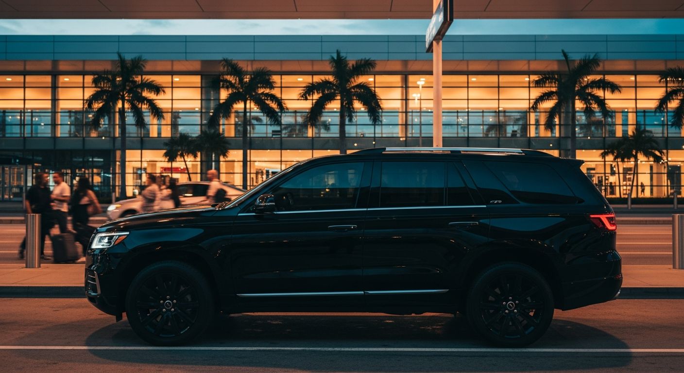 Black luxury SUV waiting at the arrivals curb of Miami International Airport at dusk