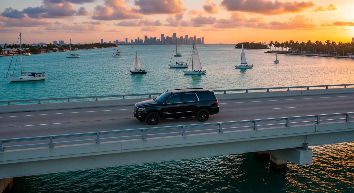 Black luxury SUV crossing a causeway over Biscayne Bay toward the Miami skyline at sunset