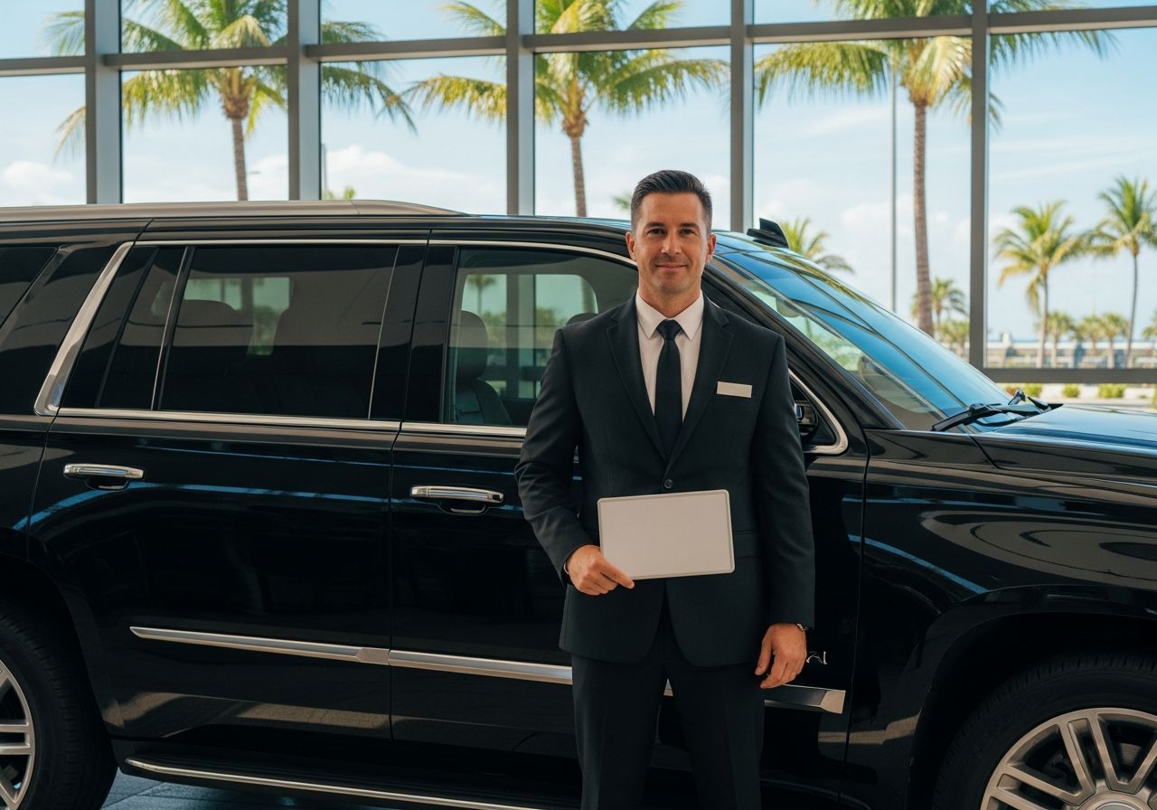 Chauffeur beside a black SUV at a sunlit Florida airport terminal