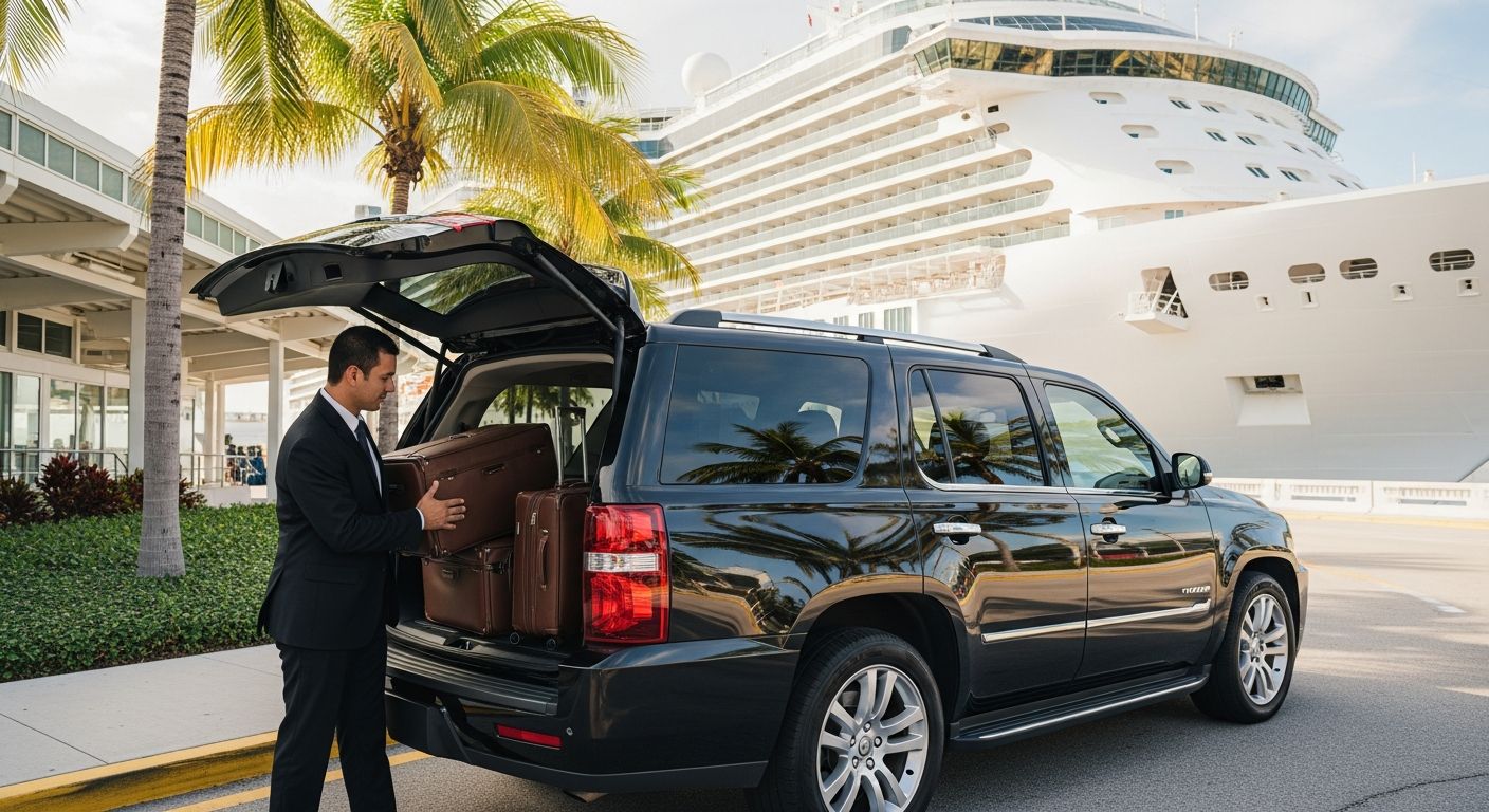 Chauffeur loading luggage into a black SUV beside a cruise ship at a Florida port