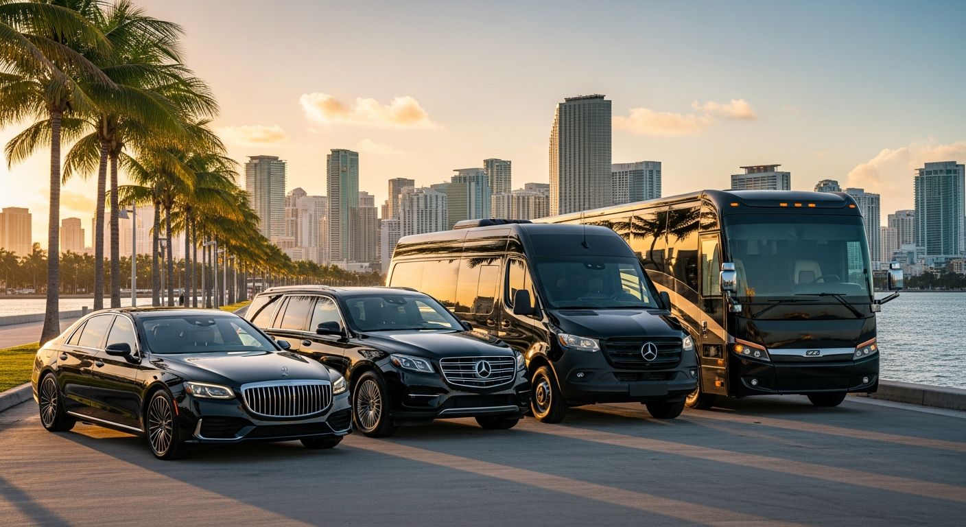 SUVs, a Sprinter van and a motorcoach lined up on a Miami waterfront esplanade at golden hour