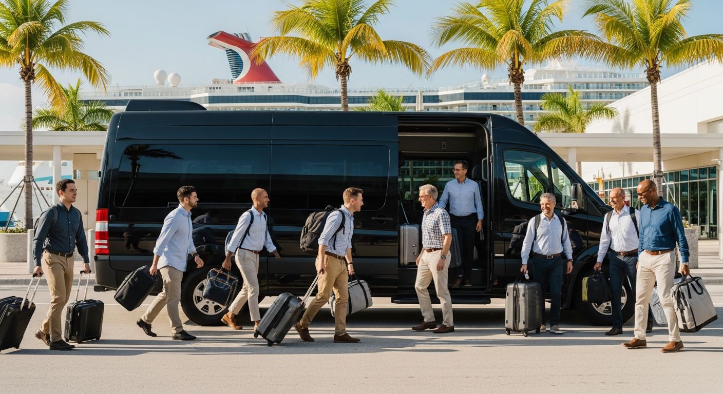 A group of travelers with luggage boarding a black Sprinter van at a Fort Lauderdale cruise terminal