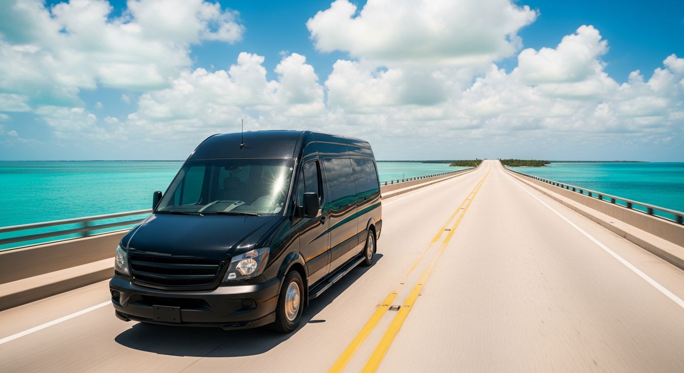 Black passenger van crossing the Seven Mile Bridge in the Florida Keys