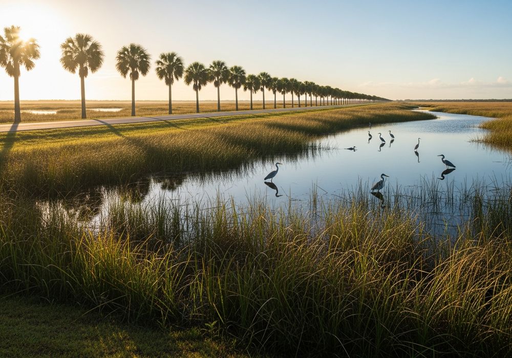 A palm-lined road through South Florida wetlands in morning light