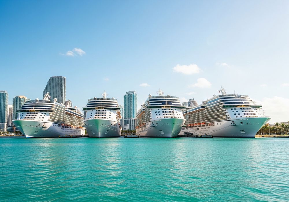Cruise ships berthed at PortMiami with the Miami skyline behind